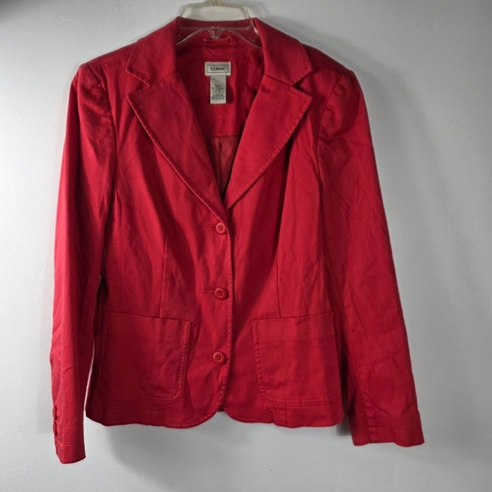 LLBean Womens Red Blazer Jacket Cotton Spandex Two Button Pockets Size 6 Pet
